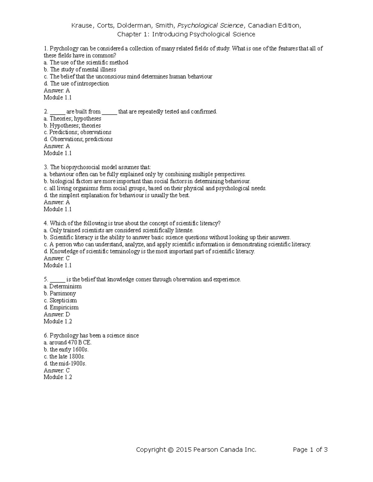 Psychological Science (PSY101) Chapter 1 Quiz: Introducing Psychology ...