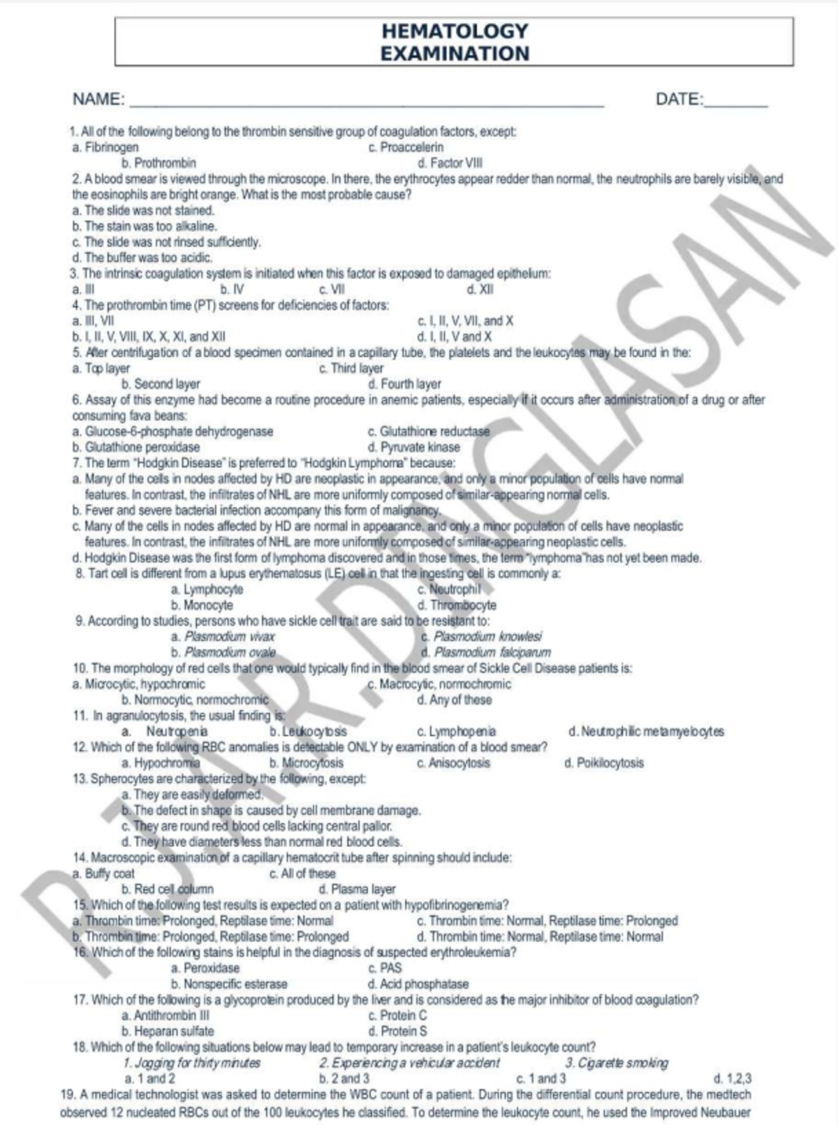 HEMA 101: Hematology Examination Sample Questions and Answers - Studocu
