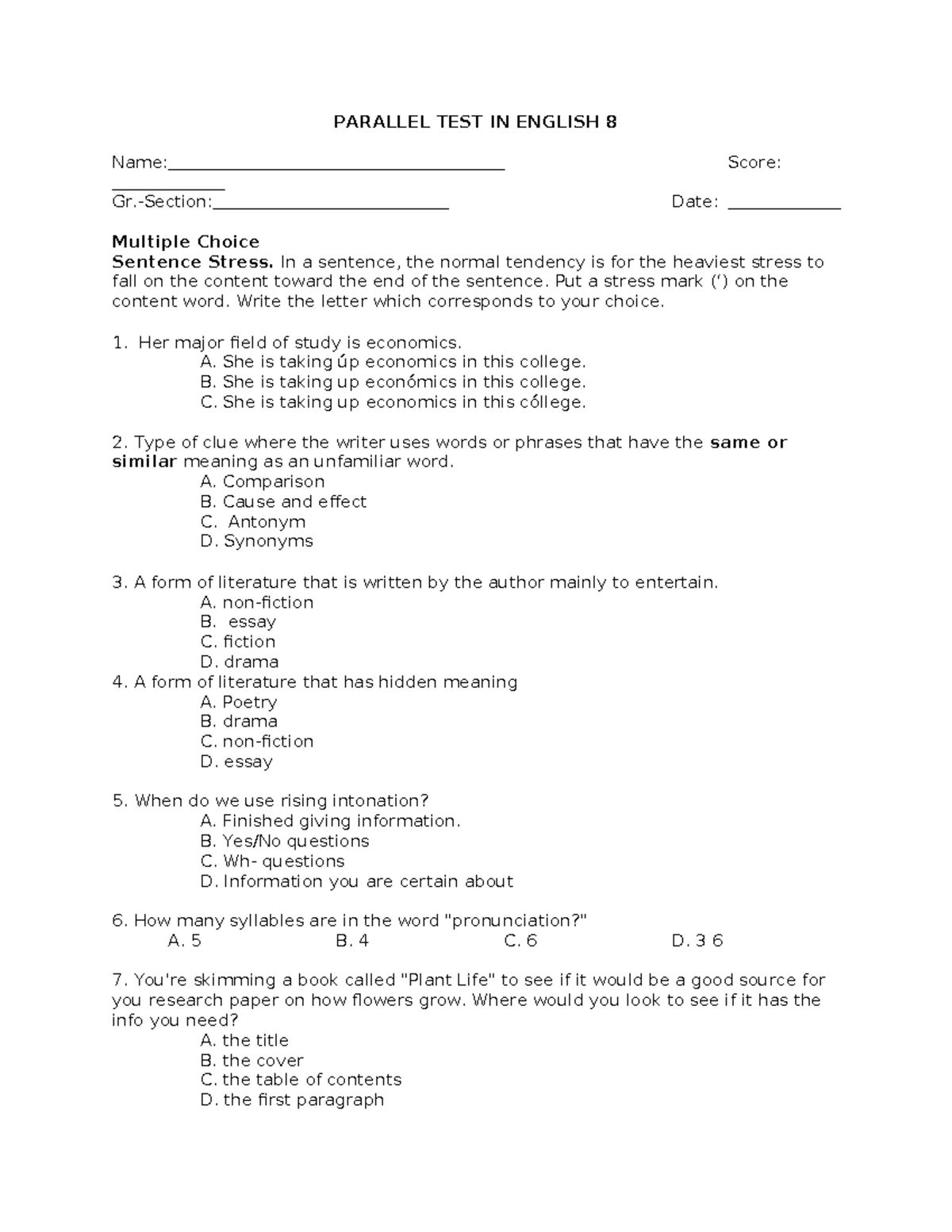 Parallel TEST IN English 9 - PARALLEL TEST IN ENGLISH 7 Name: Score: Gr ...