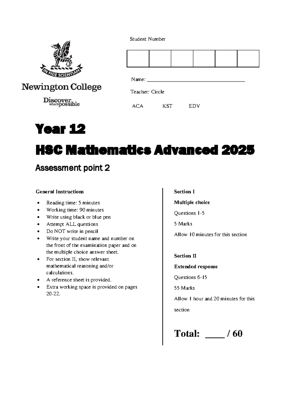 NC HSC Mathematics Advanced Year 12 AP2 Assessment Paper - Studocu