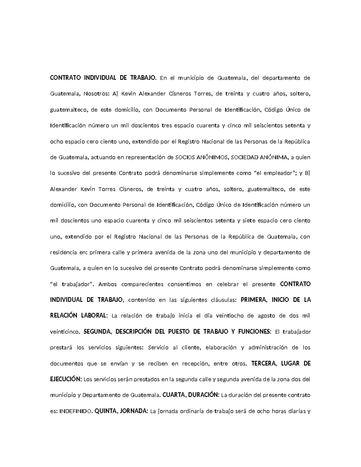 Modelo de Contrato Individual de Trabajo - Guatemala 2025 - Document Preview