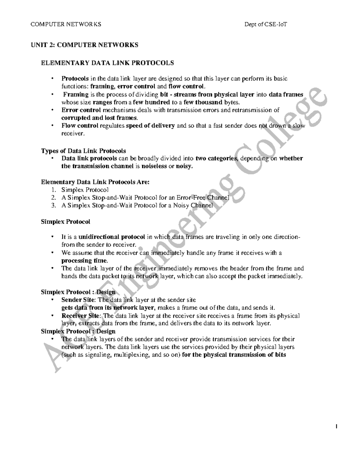 CN Unit 2: Elementary Data Link Protocols Overview and Mechanisms - Studocu