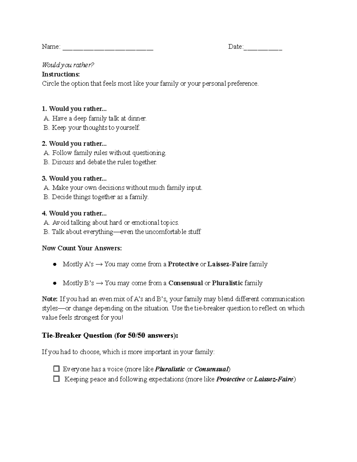 Activity Sheet: Family Communication Preferences - Would You Rather ...