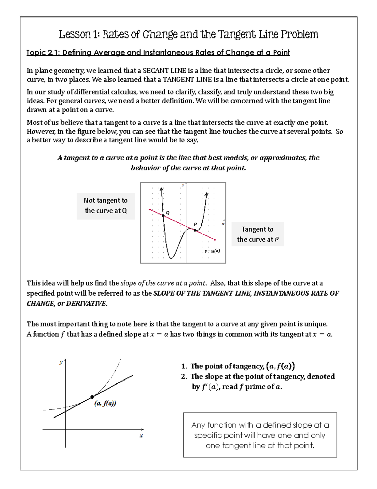 2 - really good notes - Lesson 1: Rates of Change and the Tangent Line ...