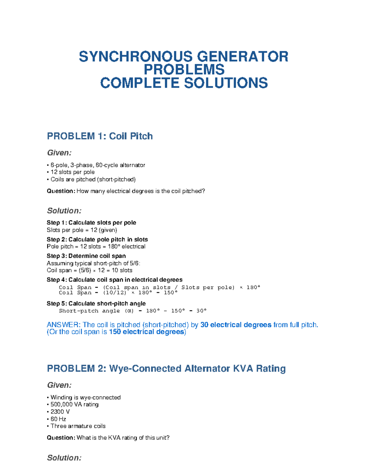 Synchronous Generator Solutions: Complete Problem Set and Answers - Studocu