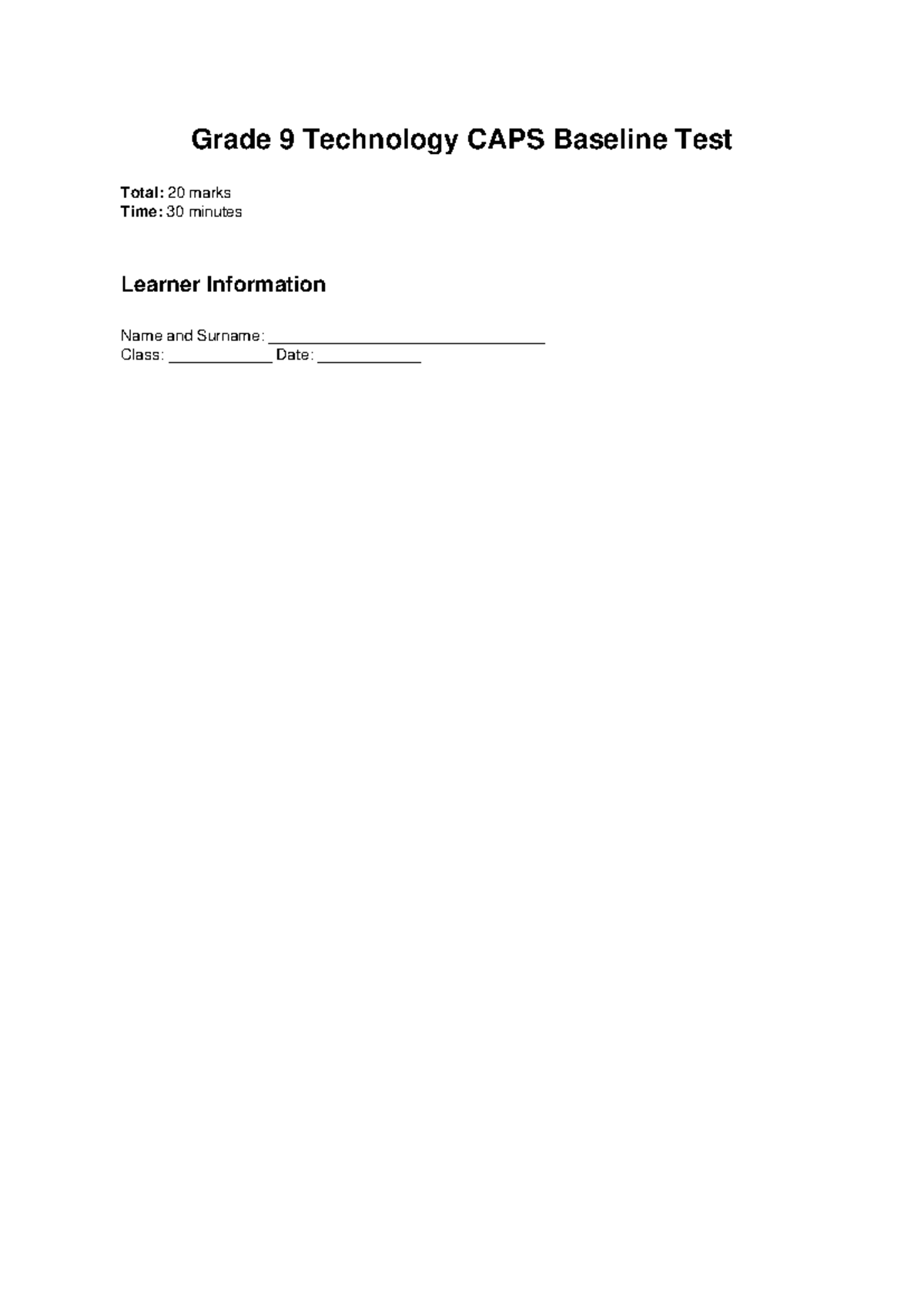 Grade 9 Technology CAPS Baseline Test - 20 Marks - Studocu