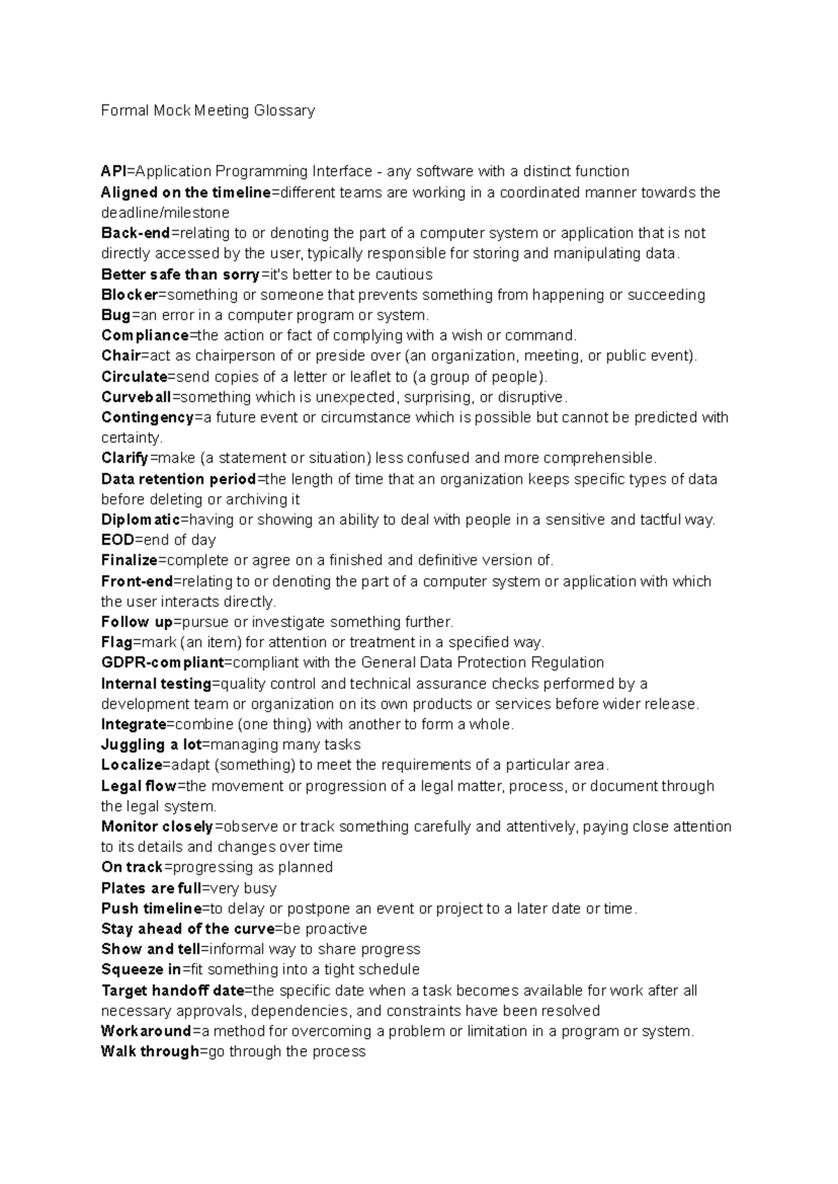 Formal Mock Meeting Glossary: Key Terms & Definitions - Studocu