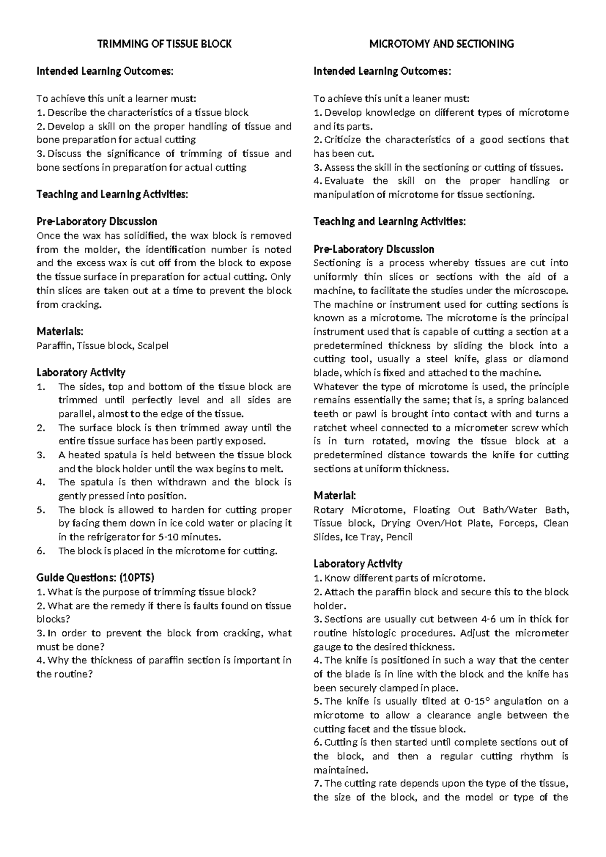 HPCT-LAB ACT - Finals: Tissue Block Microtomy & Sectioning Notes - Studocu