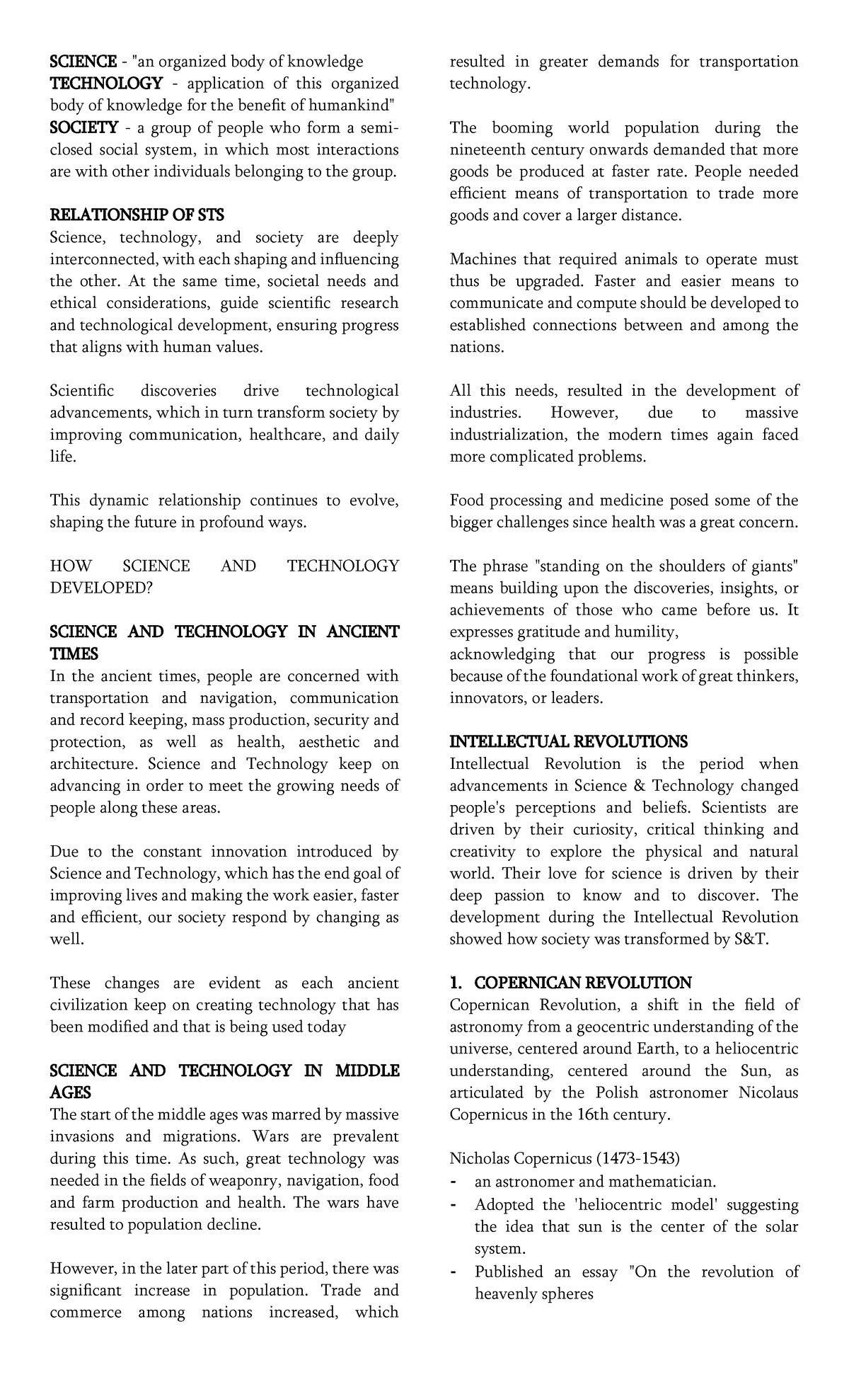 STS 2-1: Science, Technology, and Society Preliminary Notes - Studocu