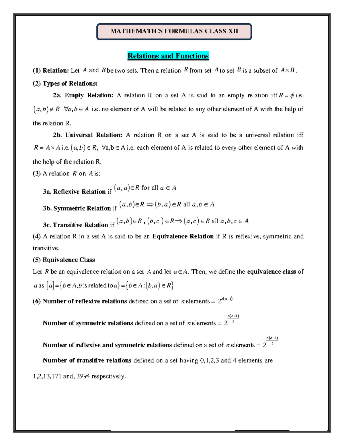 MATHEMATICS FORMULAS CLASS XII: Relations, Functions & Trigonometry ...