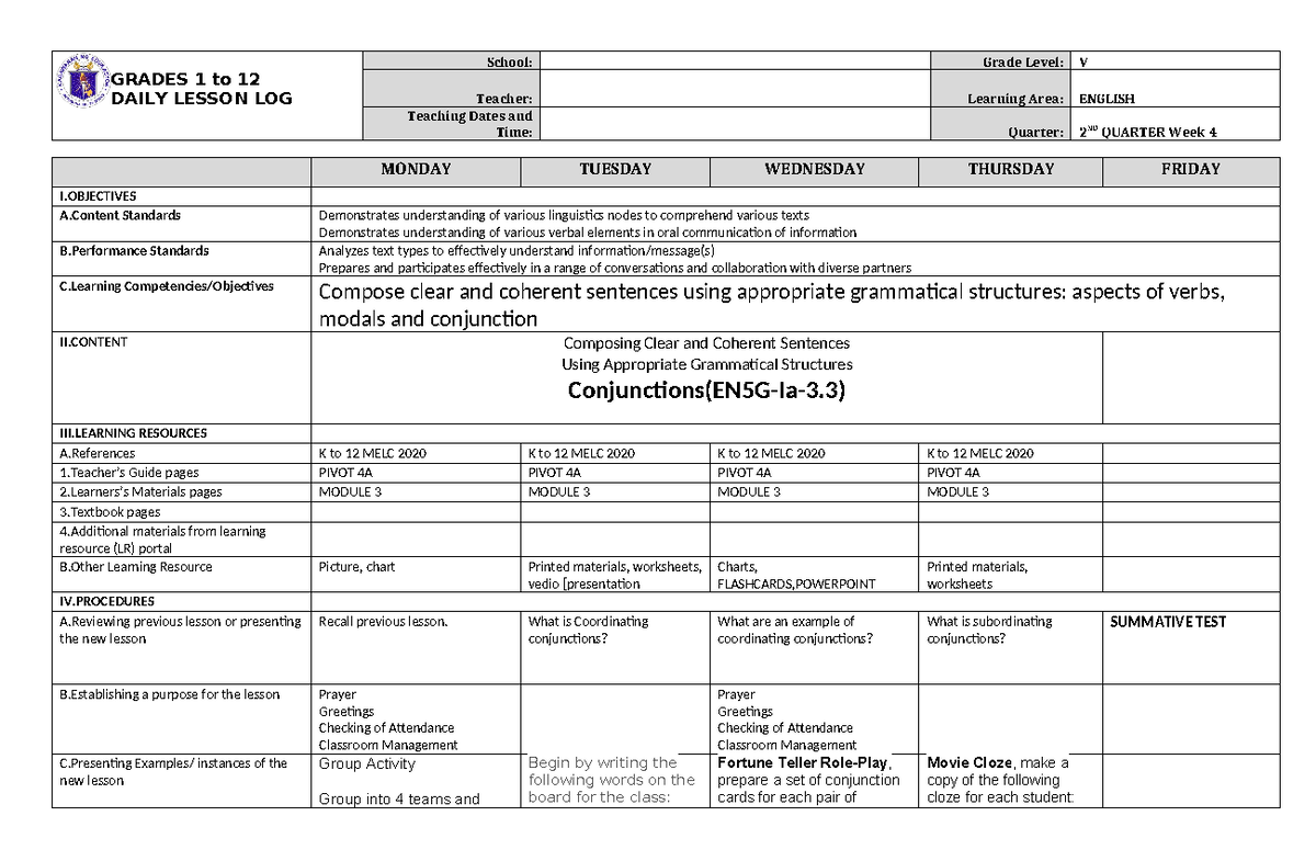 DLL English 5 Q2 W4 - lesson plan - GRADES 1 to 12 DAILY LESSON LOG ...