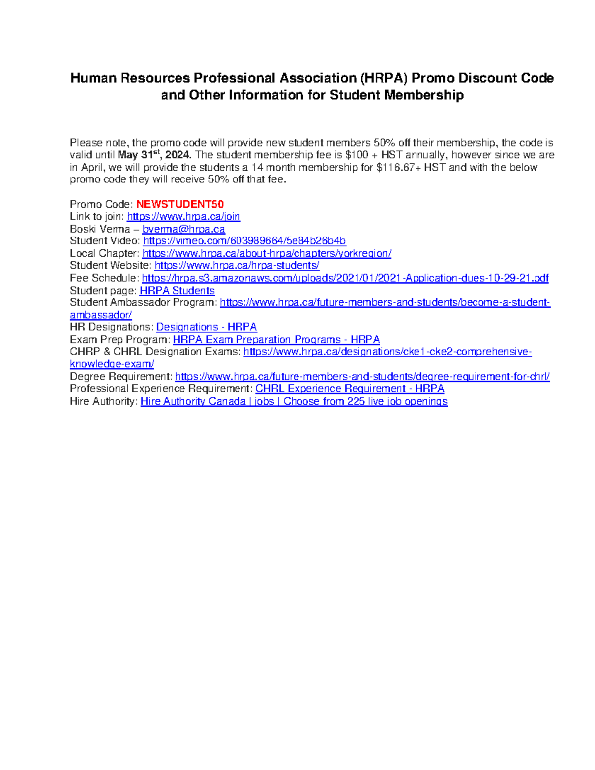 HRPA Student Membership: Promo Code & Membership Details - Studocu