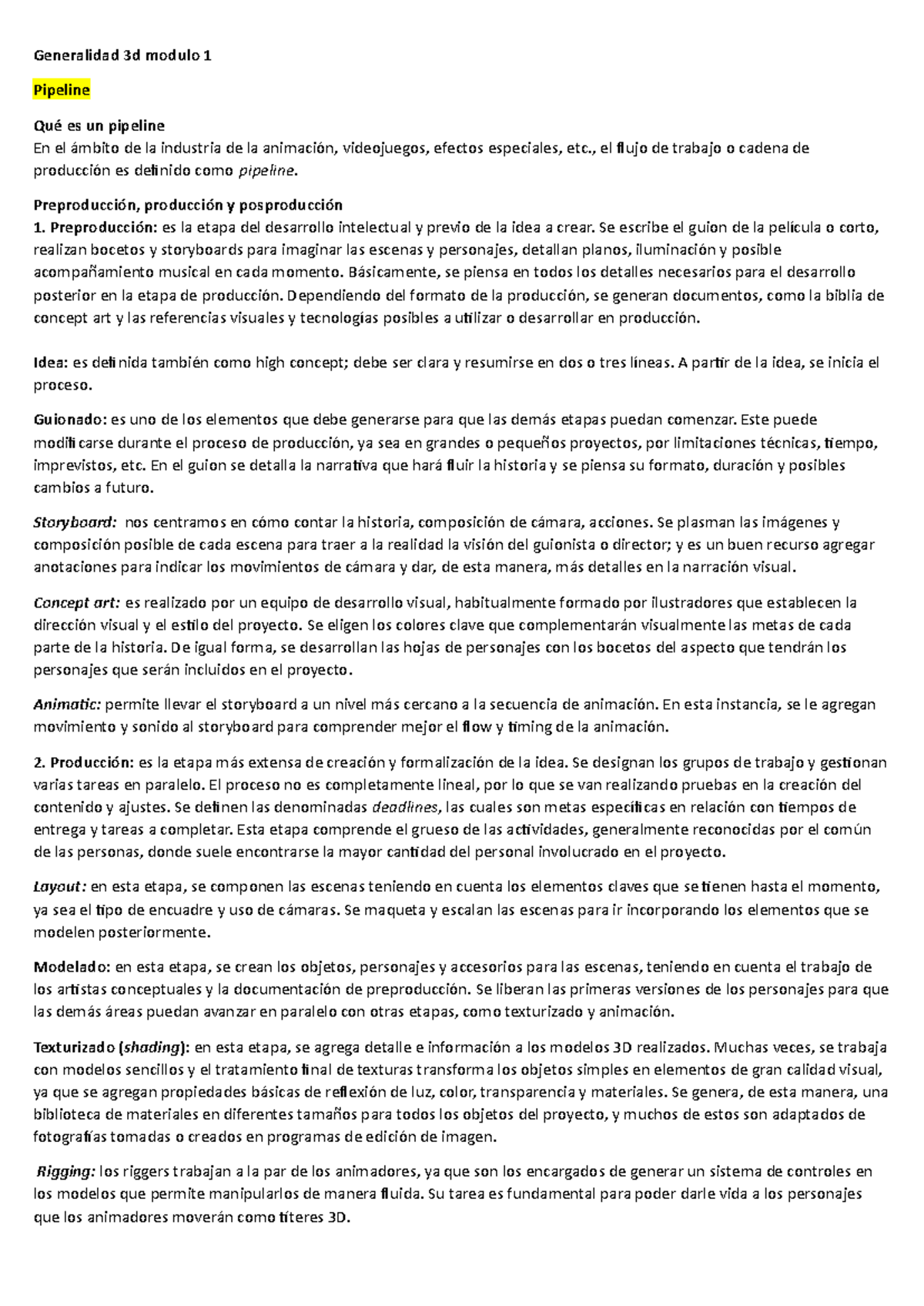 Resumen Generalidad M1 y M2: Pipeline en Animación y Modelado 3D - Studocu