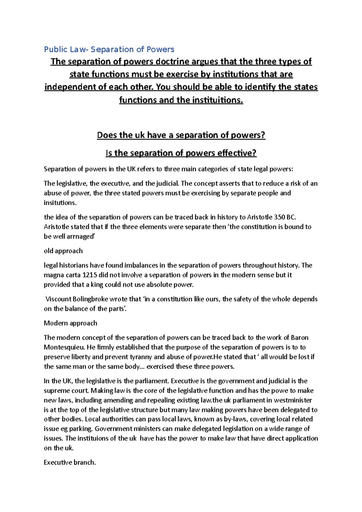 UK Public Law: Notes on Separation of Powers Doctrine - Studocu