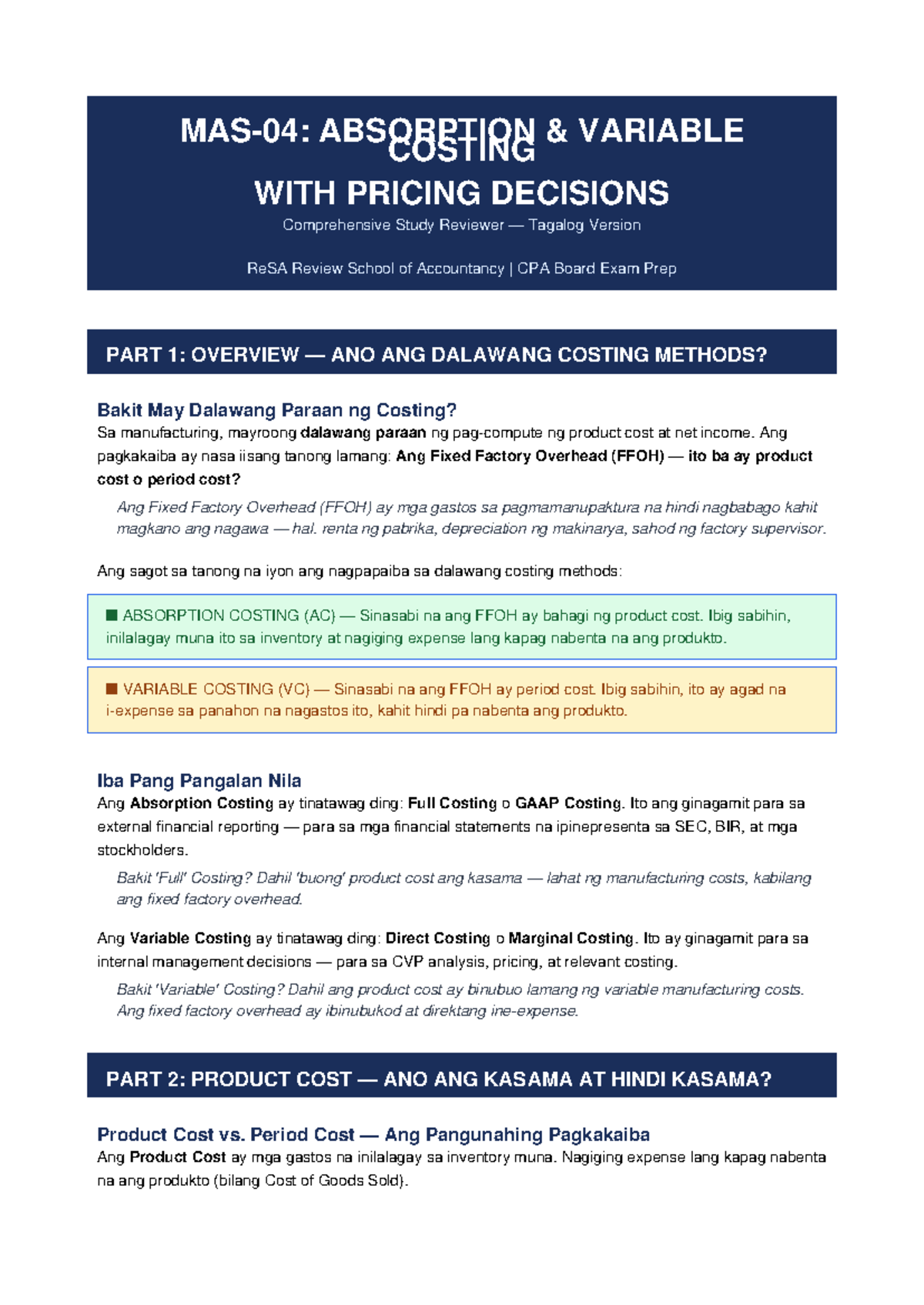 MAS-04: Comprehensive Study on Absorption & Variable Costing - Studocu