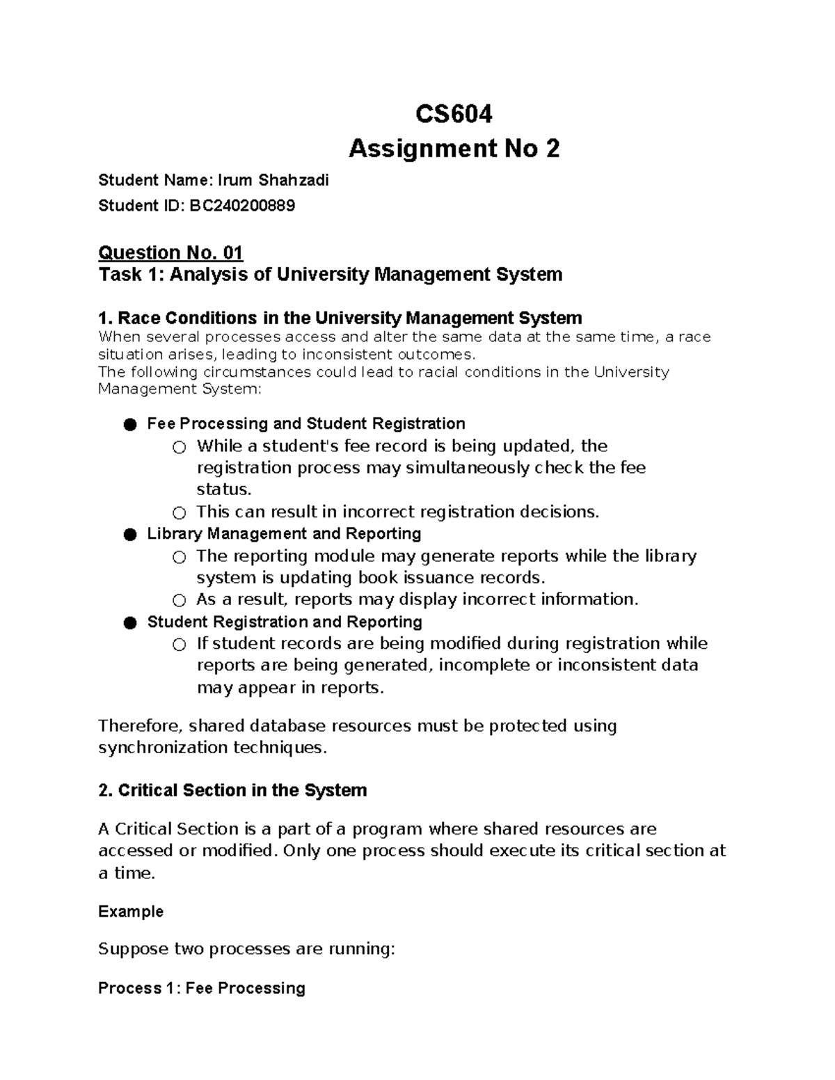 CS604 Assignment 2: Analysis of Race Conditions in UMS - Studocu