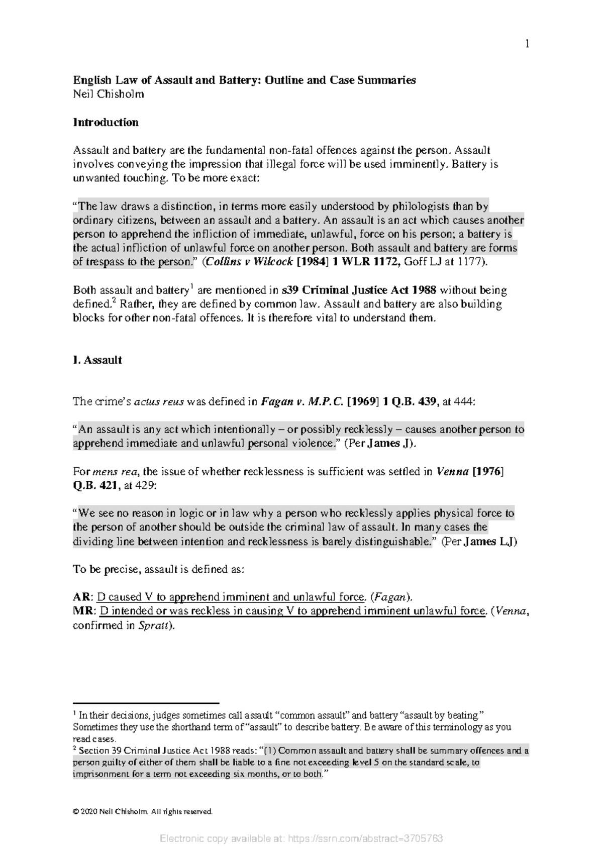 1 English Law of Assault and Battery: Key Concepts and Case Analysis ...