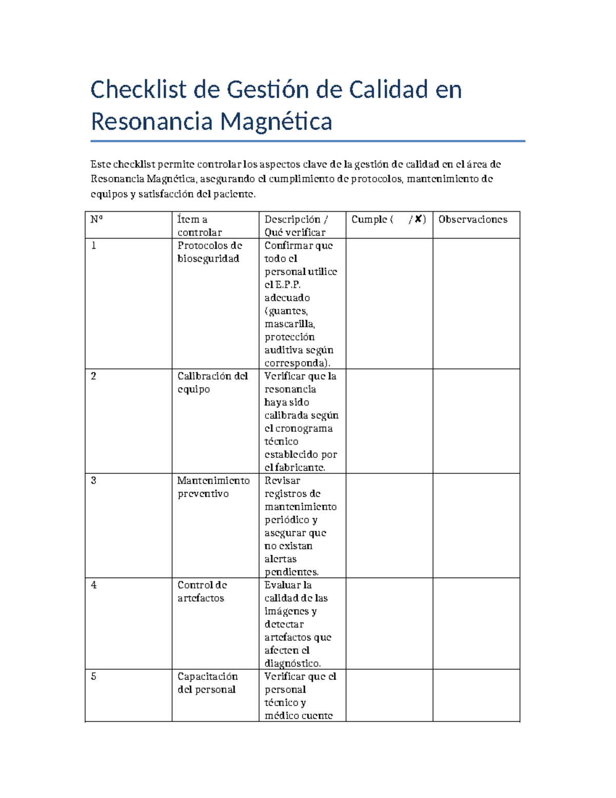 Checklist de Gestión de Calidad en RM: Protocolo y Control - Studocu