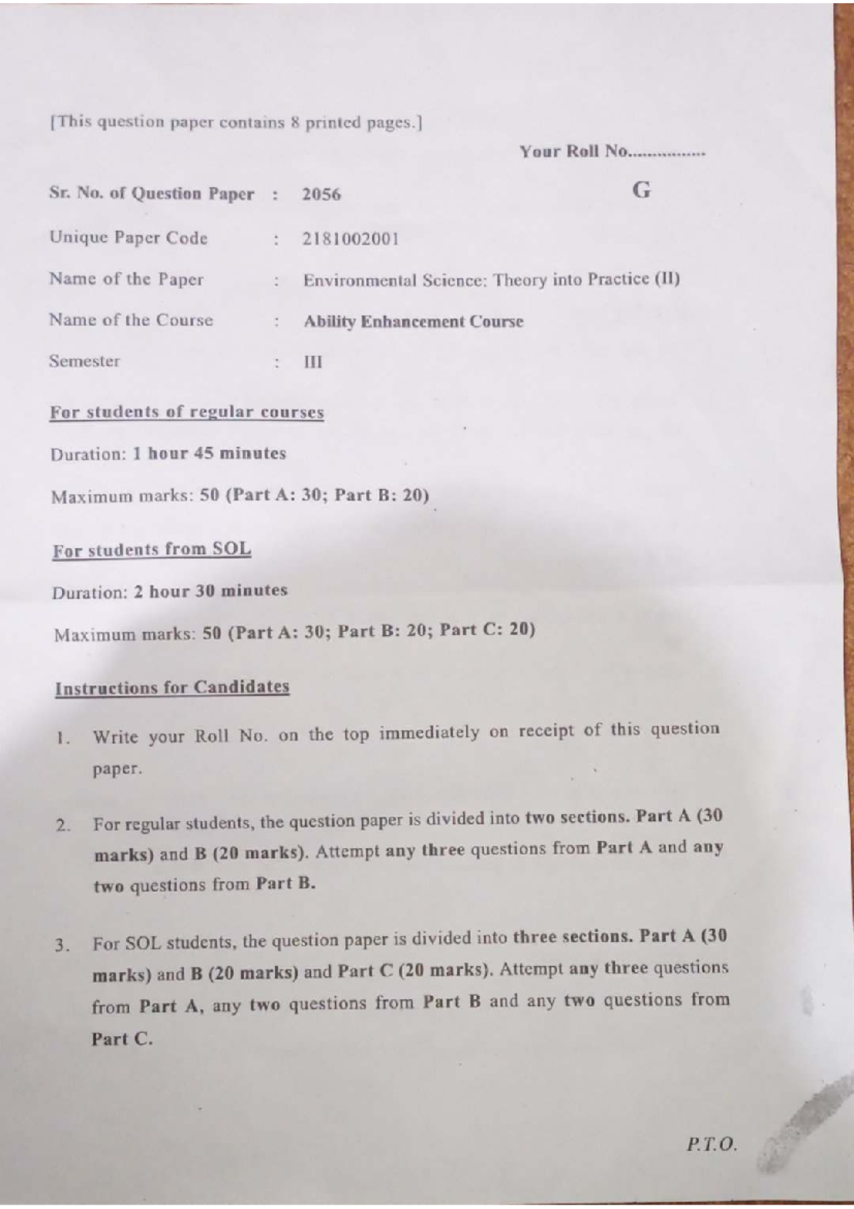 EVS 2181002001: Environmental Science Question Paper - Sem 1 - Studocu