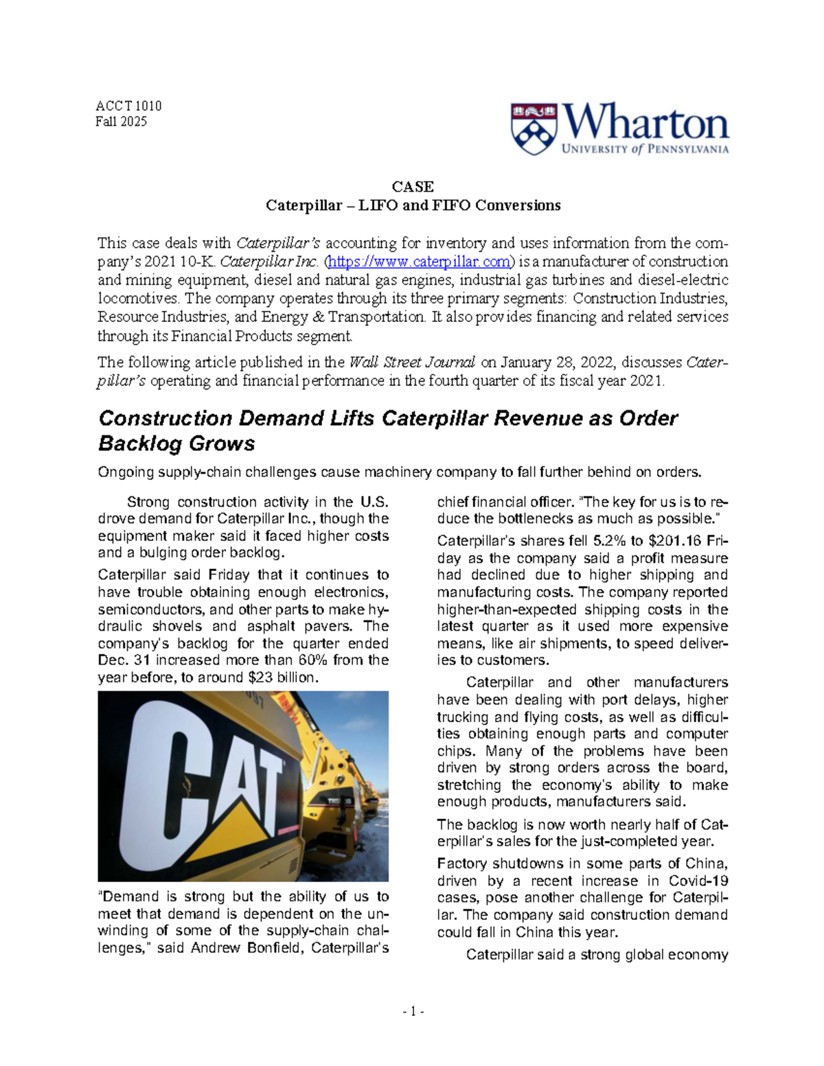 ACCT 1010 Fall 2025 CASE Caterpillar Inventory Accounting: LIFO vs FIFO ...