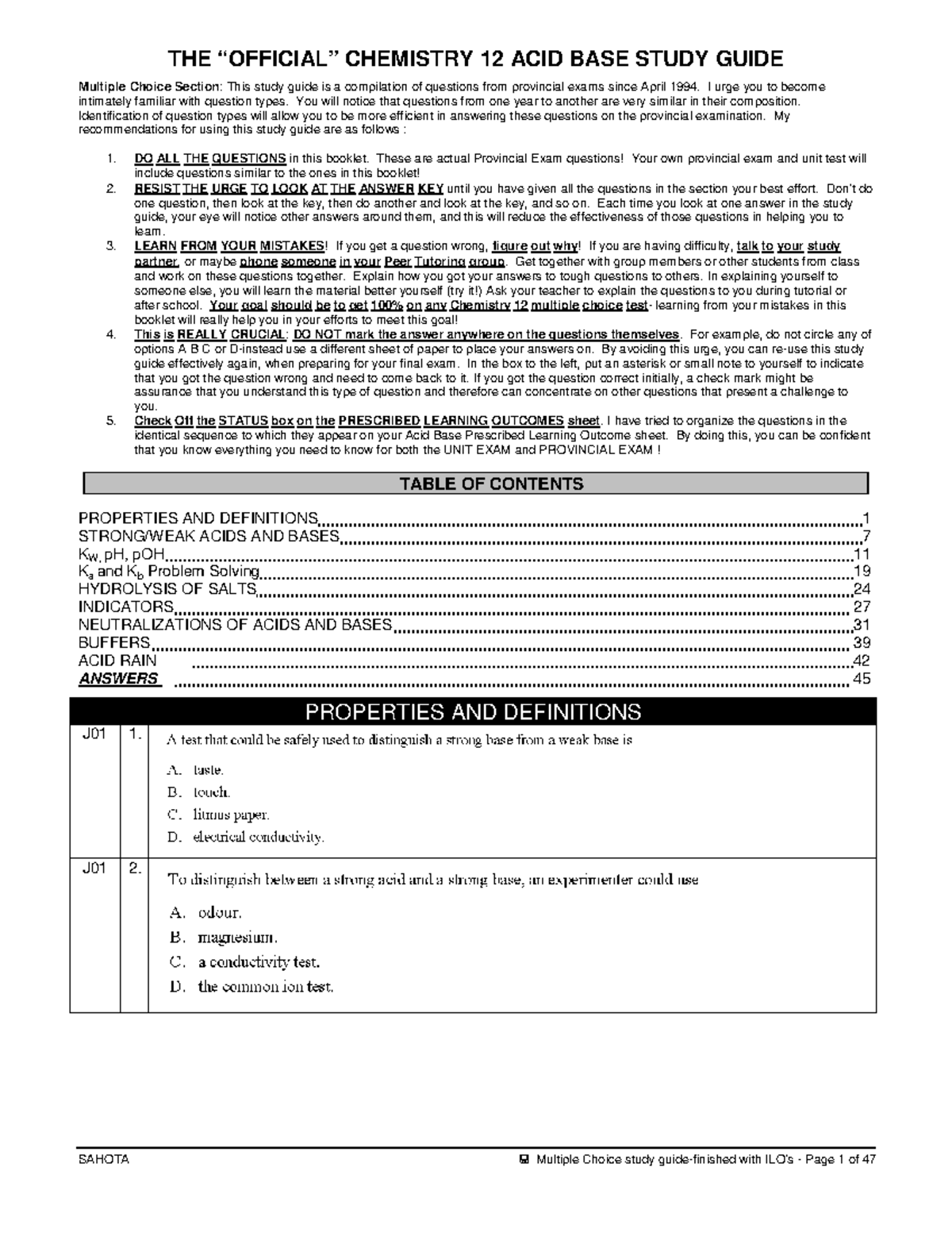 Chemistry 12 Acid Base Study Guide for Exams and Practice - Studocu
