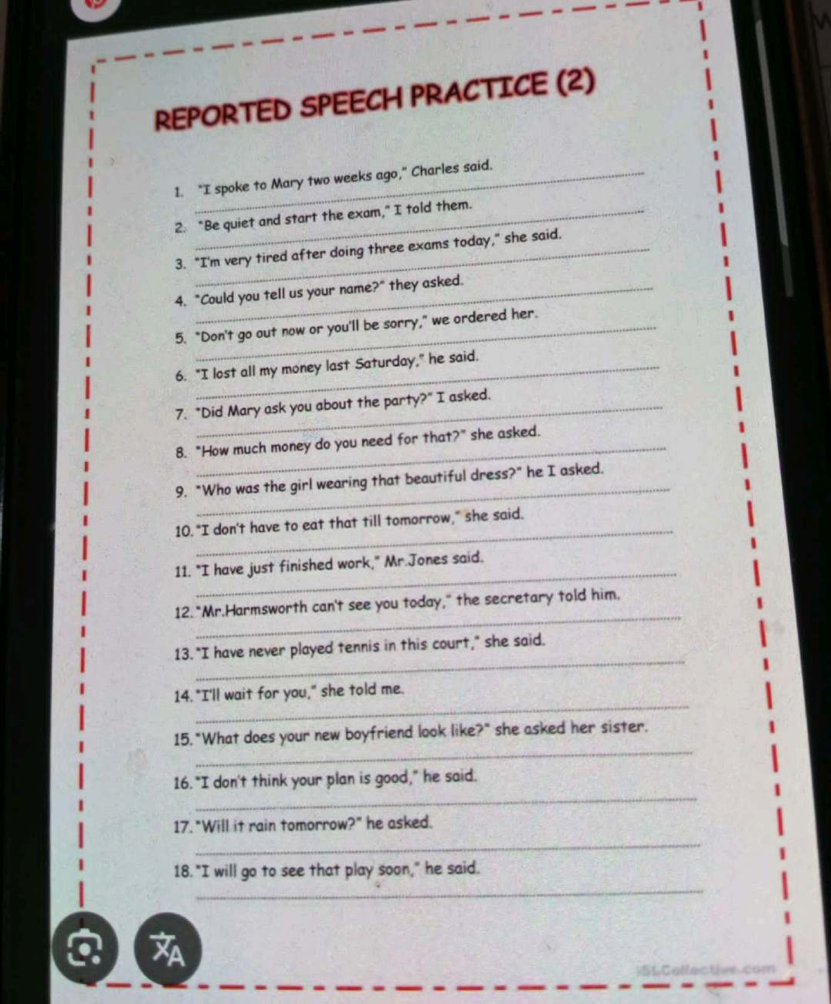 REPORTED SPEECH PRACTICE (ENG 101) - Exercises and Examples - Studocu