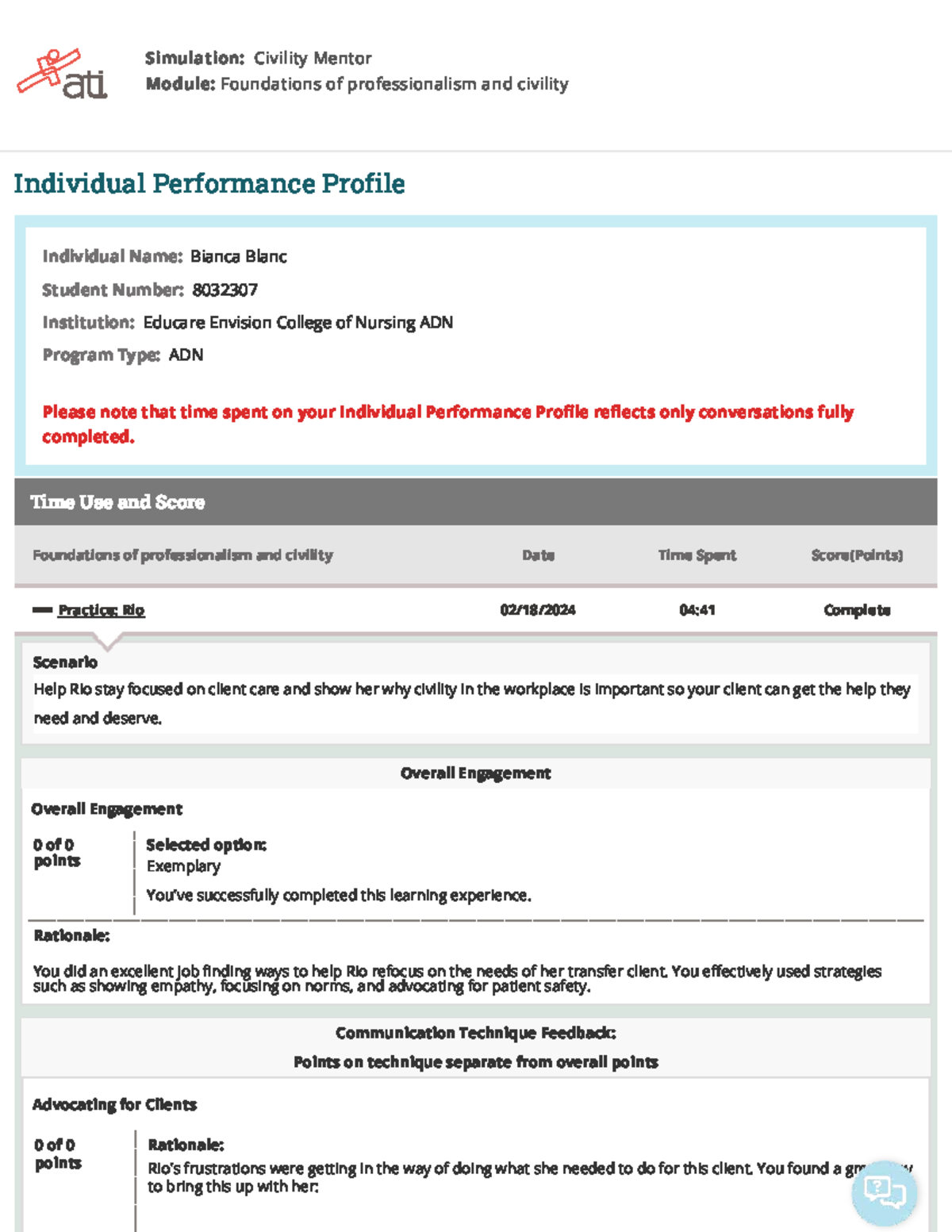 ADN Simulation: Civility Mentor Module Performance Profile for Bianca ...