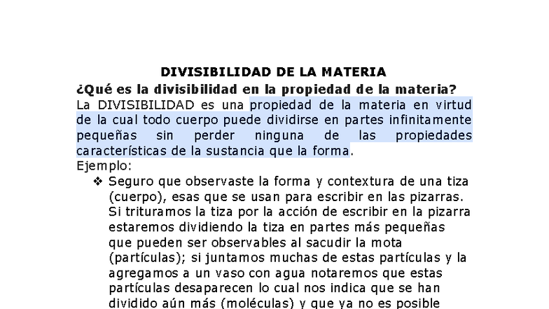 Divisibilidad de la Materia: Propiedades y Ejemplos Esenciales - Studocu