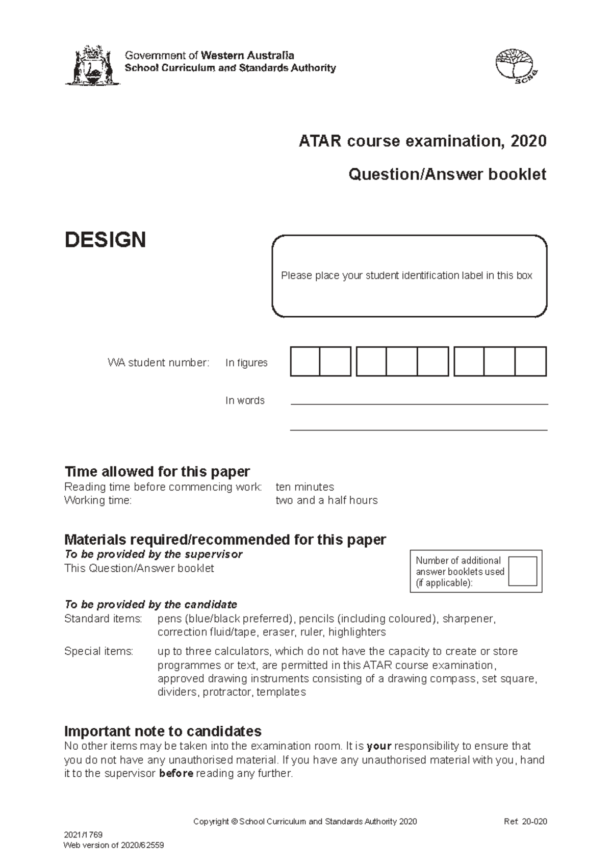 2020 ATAR Design Course Written Exam Guidelines and Structure - Studocu