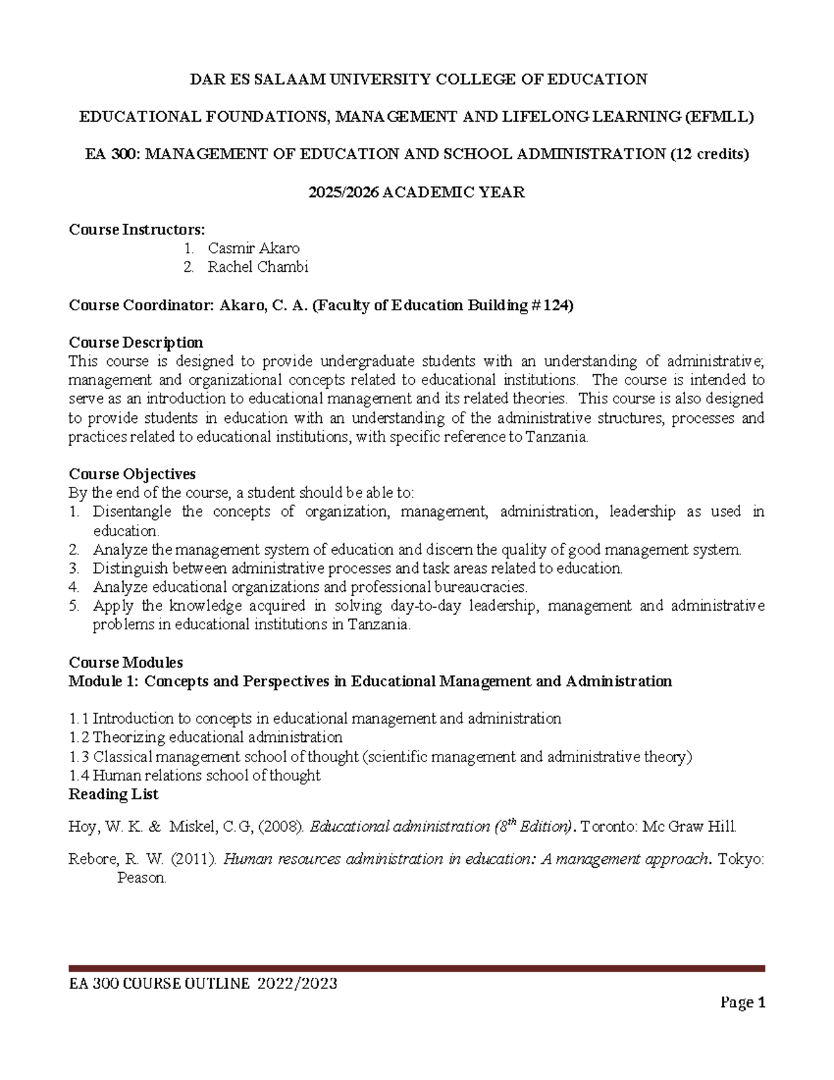 EA 300: Management of Education & School Administration Course Outline ...