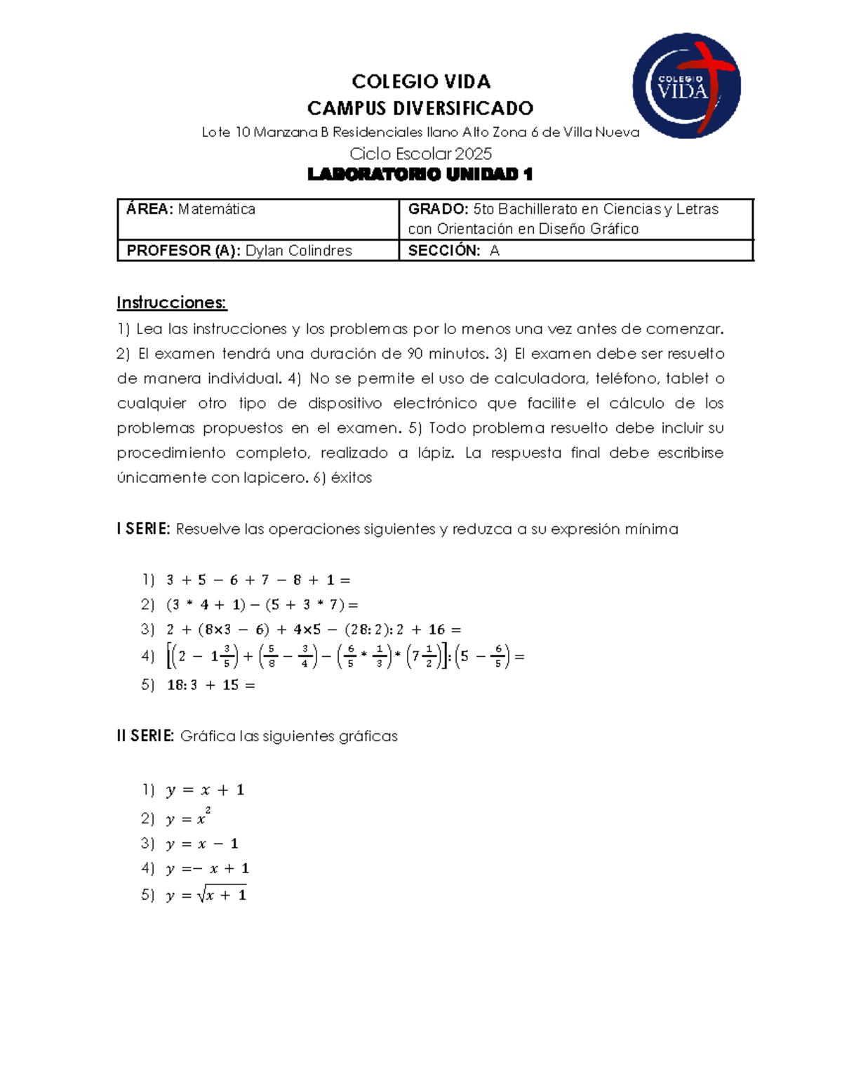 Laboratorio Matemática 5to Bachillerato - Unidad 1 Exámenes - Document Preview