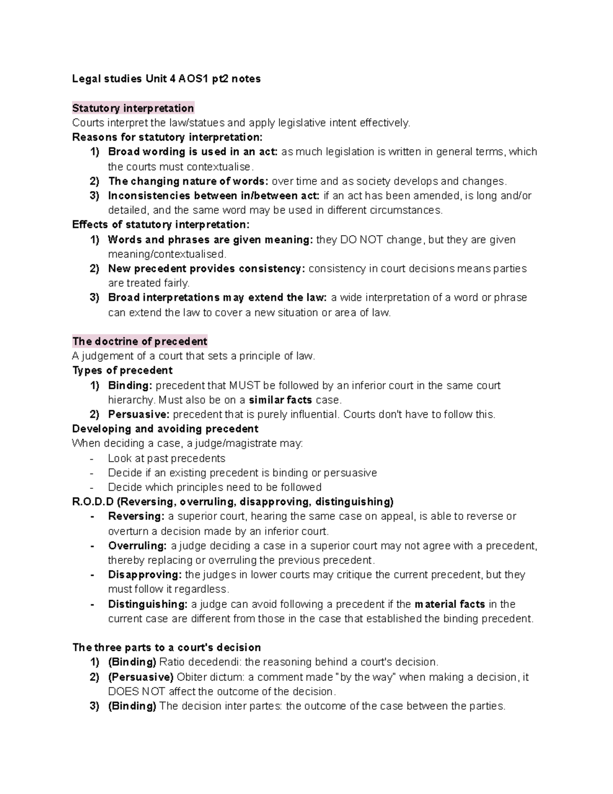 Legal Studies Unit 4 AOS1 Pt2 Notes: Statutory Interpretation ...