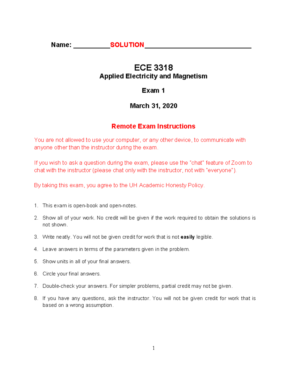 ECE 3318 Applied Electricity and Magnetism Exam 1 Solutions - Spring ...