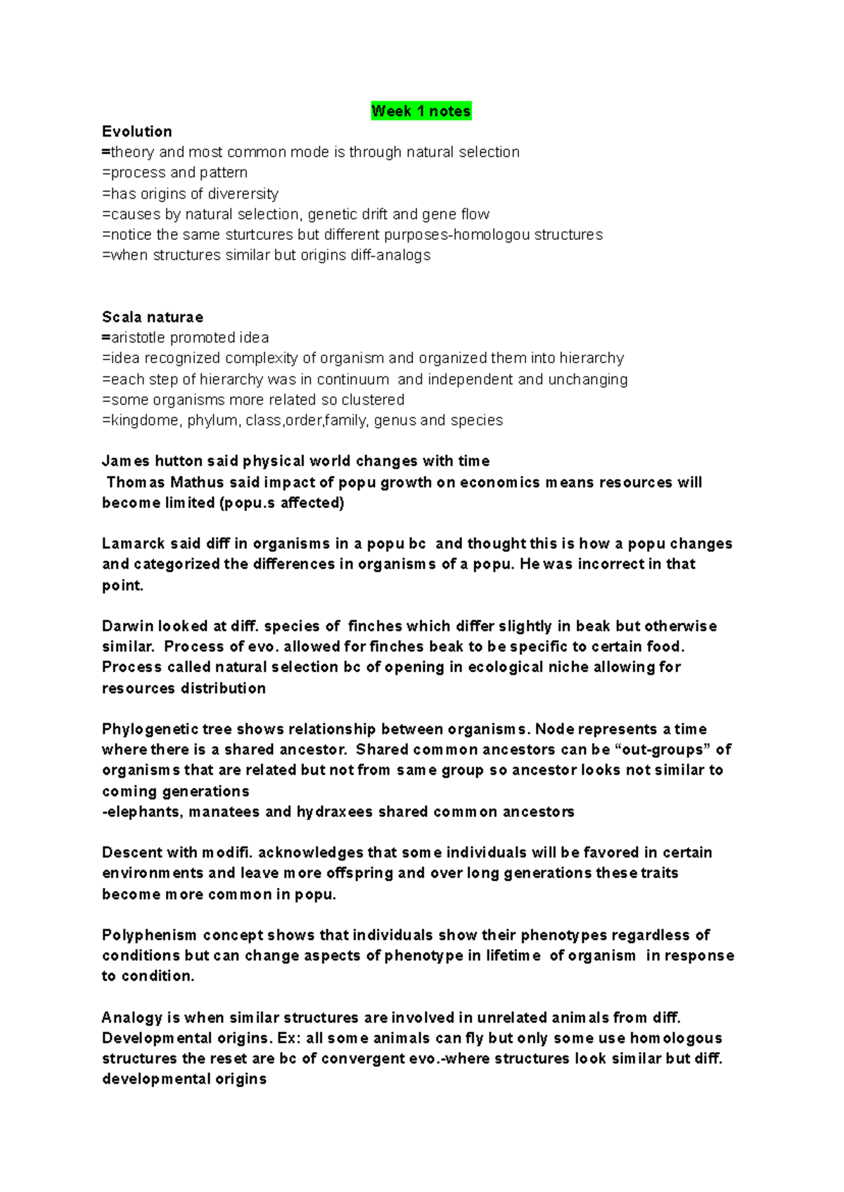 BIOL 103 Week 1 Lecture Notes on Evolution and Natural Selection - Studocu