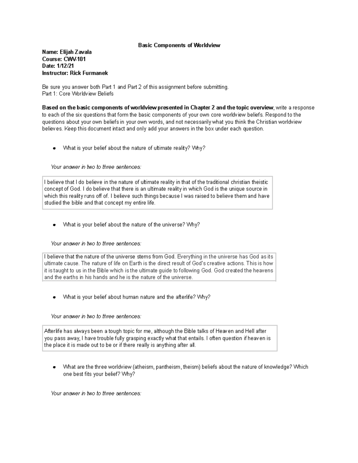 CWV-10 - worksheet - Basic Components of Worldview Name: Elijah Zavala ...