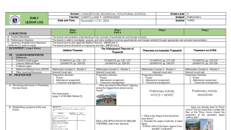 Daily Lesson Log: Mathematics 9 - Midline Theorem & Trapezoids - Studocu