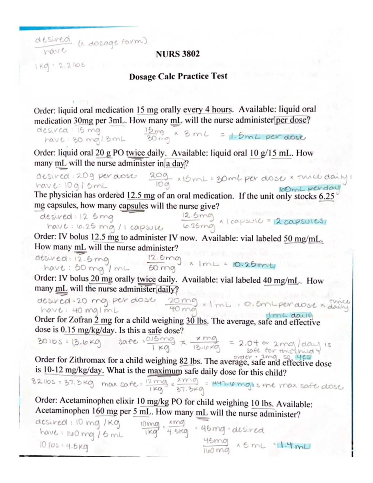 NURS 3802 Dosage Calculations Practice Test Answers and Solutions - Studocu
