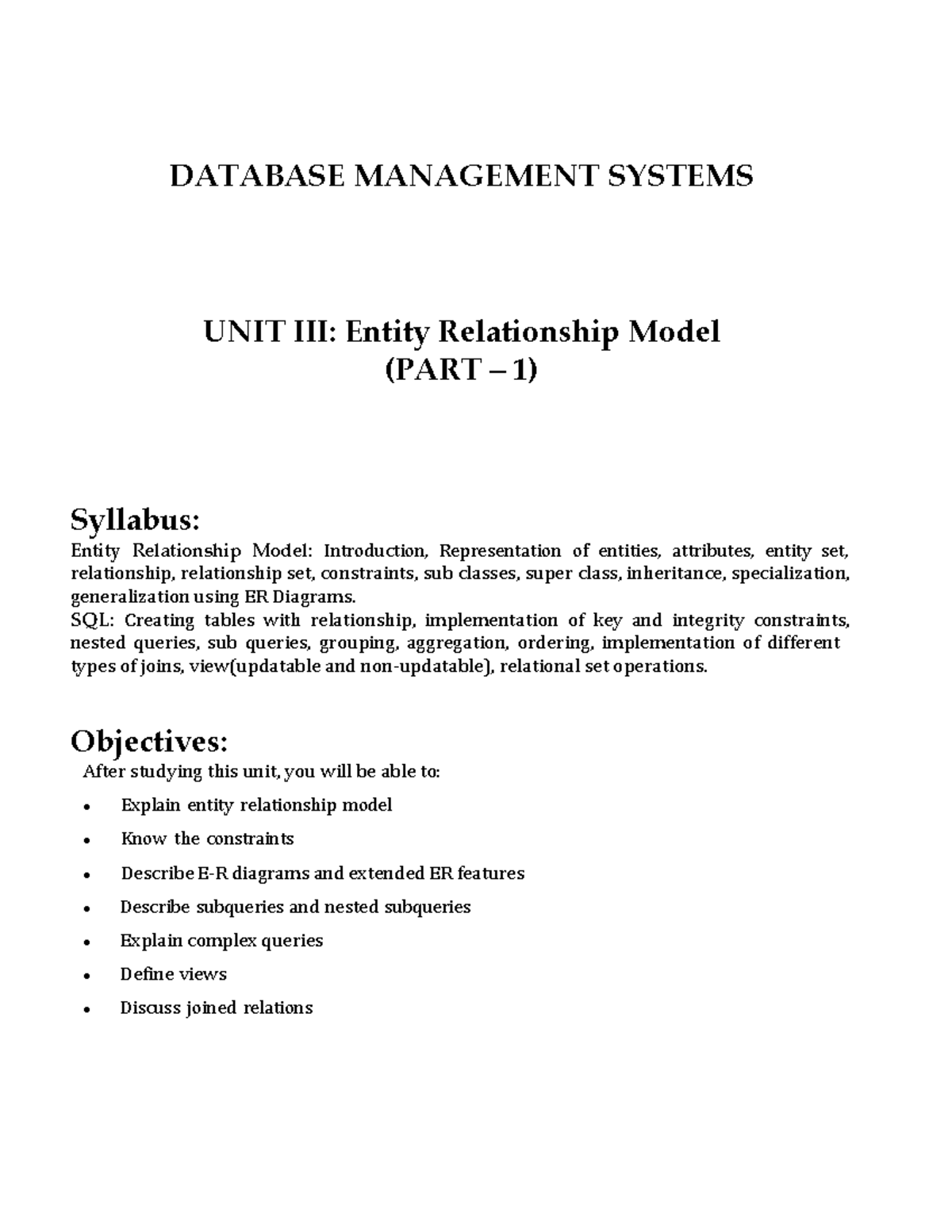 DBMS UNIT-3: Entity Relationship Model Overview and Key Concepts - Studocu