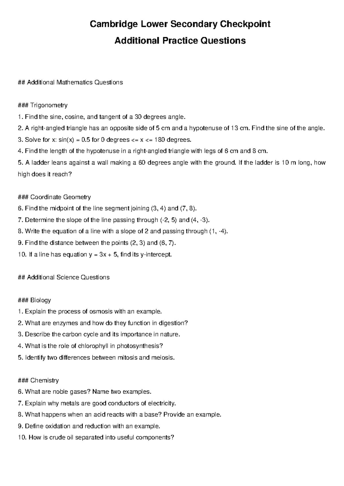 Cambridge Lower Secondary Checkpoint Additional Practice Questions ...