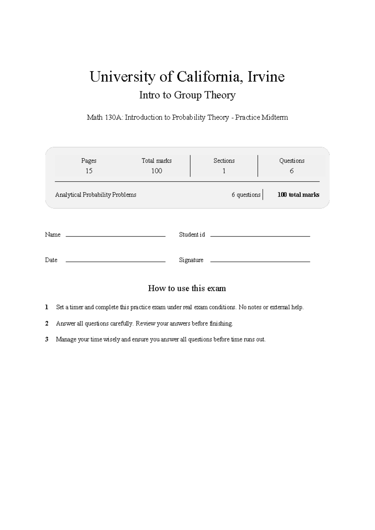 MATH 130A Probability Theory Practice Midterm Exam 2026 - Studocu