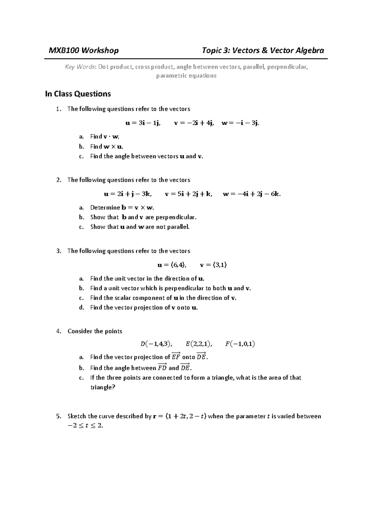 MXB100 Workshop 6: Advanced Vectors & Vector Algebra Concepts - Studocu