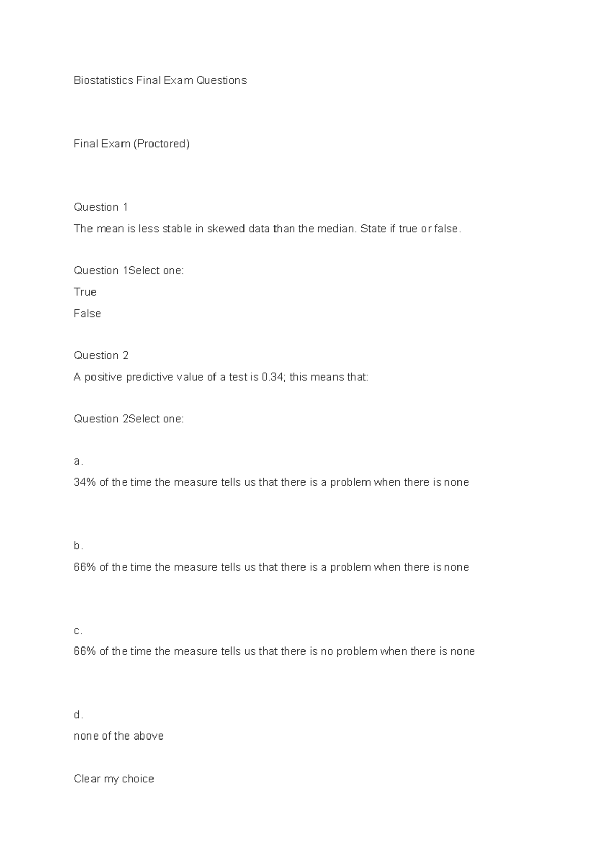 Biostatistics BIOL101 - Final Exam Questions and Answers - Studocu