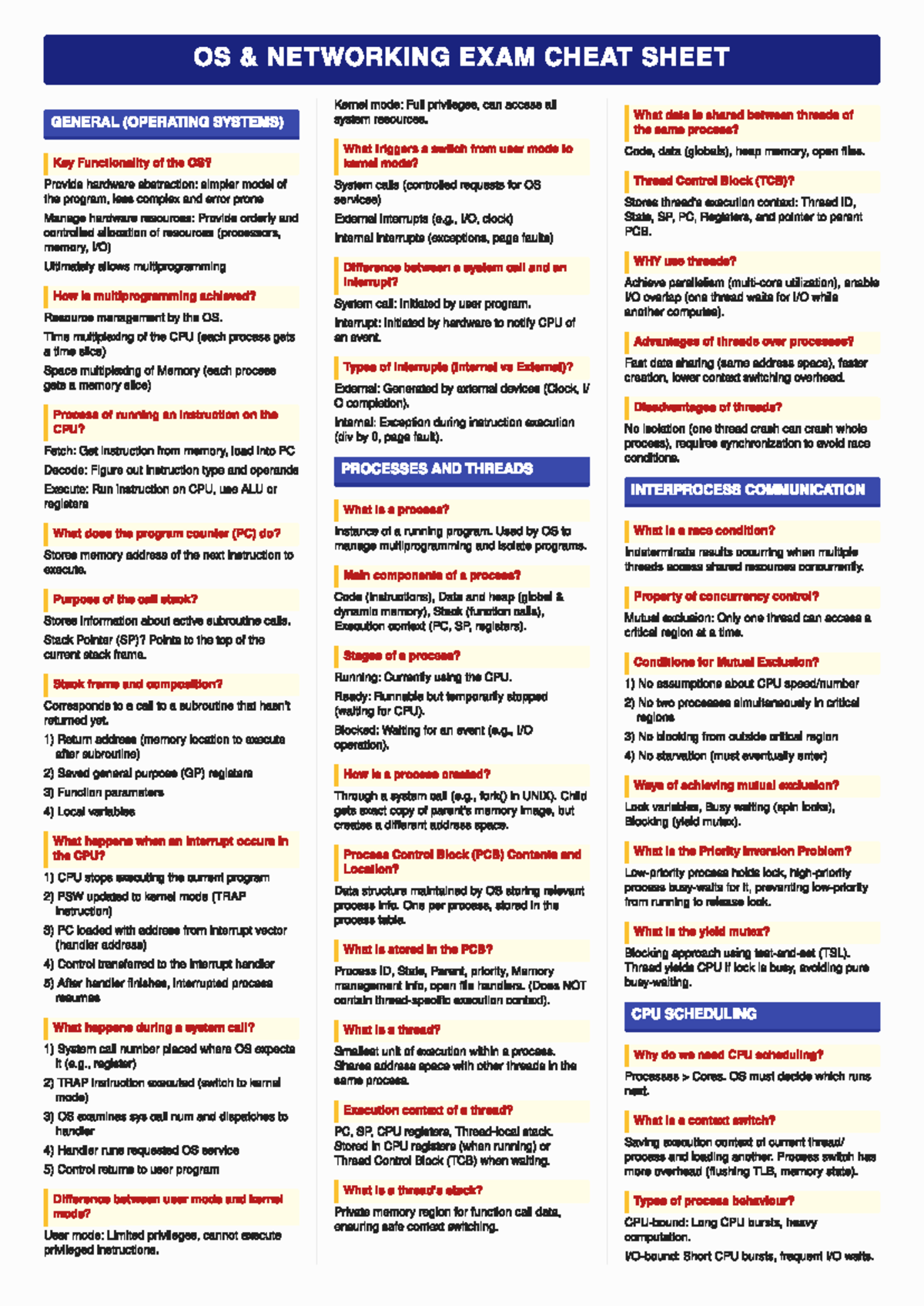 OS NETWORKING EXAM CHEAT SHEET: Key Concepts & Thread Management - Studocu