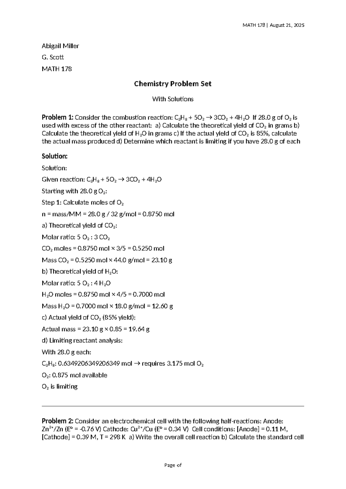 MATH 178 Chemistry Problem Set Solutions with Detailed Explanations ...