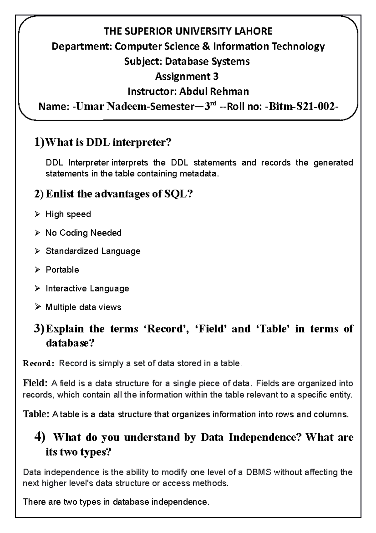 Database Systems Assignment 3: DDL, SQL, and Data Independence Concepts ...