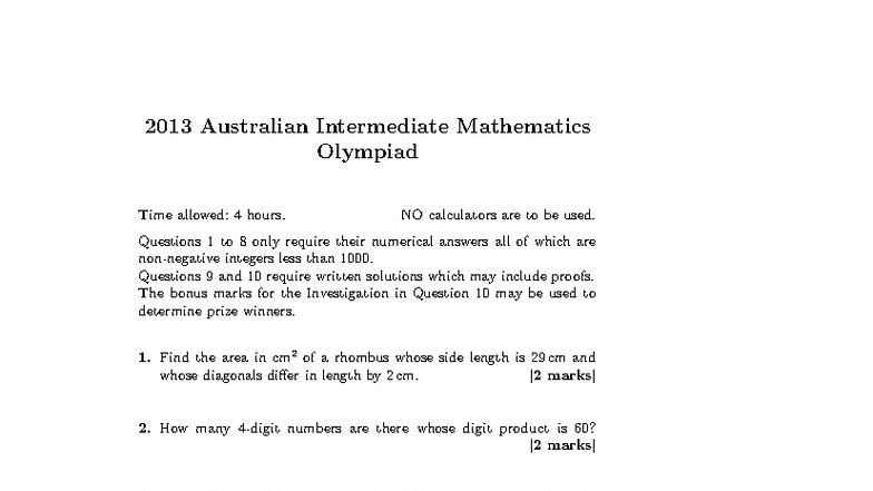 AIMO 2013 - Australian Intermediate Mathematics Olympiad Questions ...