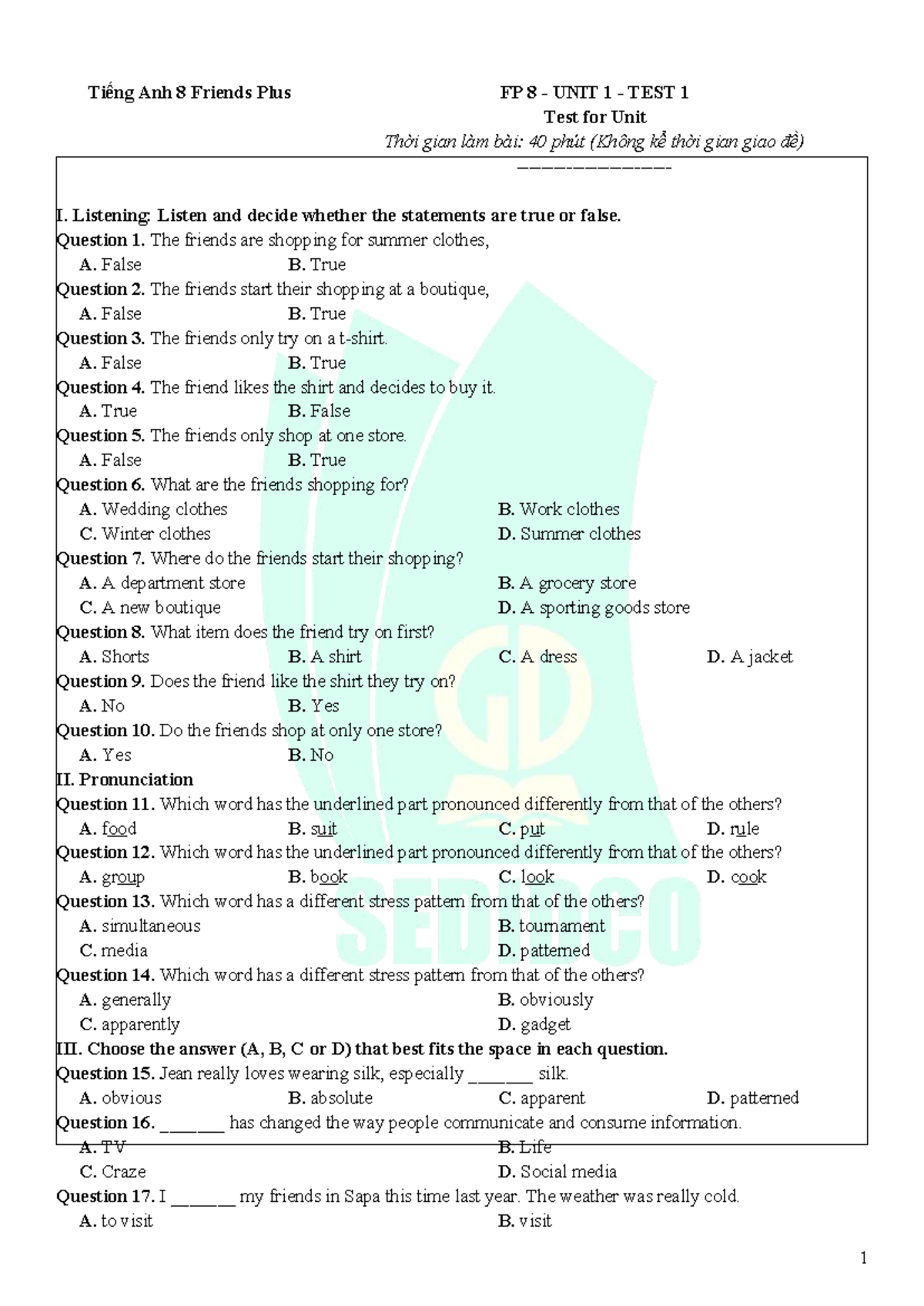 Tiếng Anh 8 Friends Plus FP 8 UNIT 1 TEST 1 & 2 - Listening ...