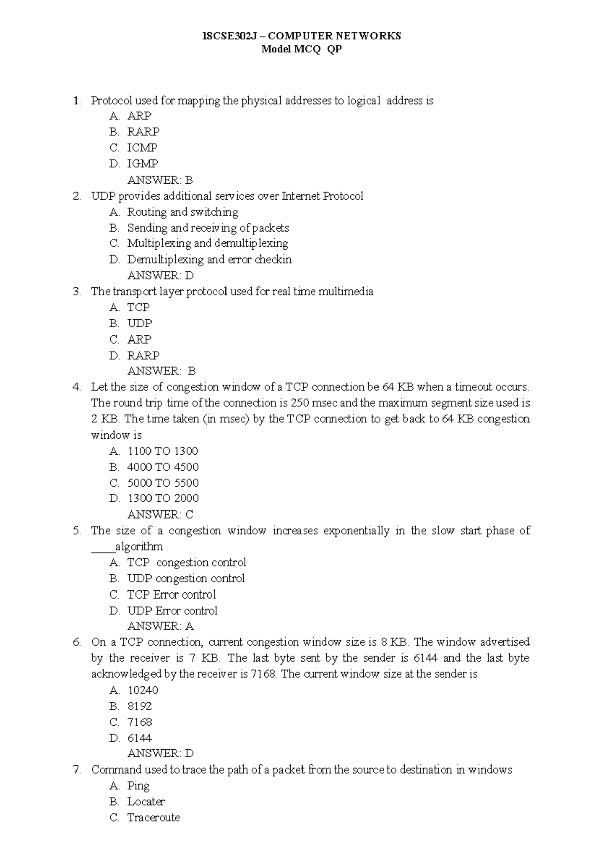 18CSE302J - Computer Networks MCQs for CT Preparation - Studocu