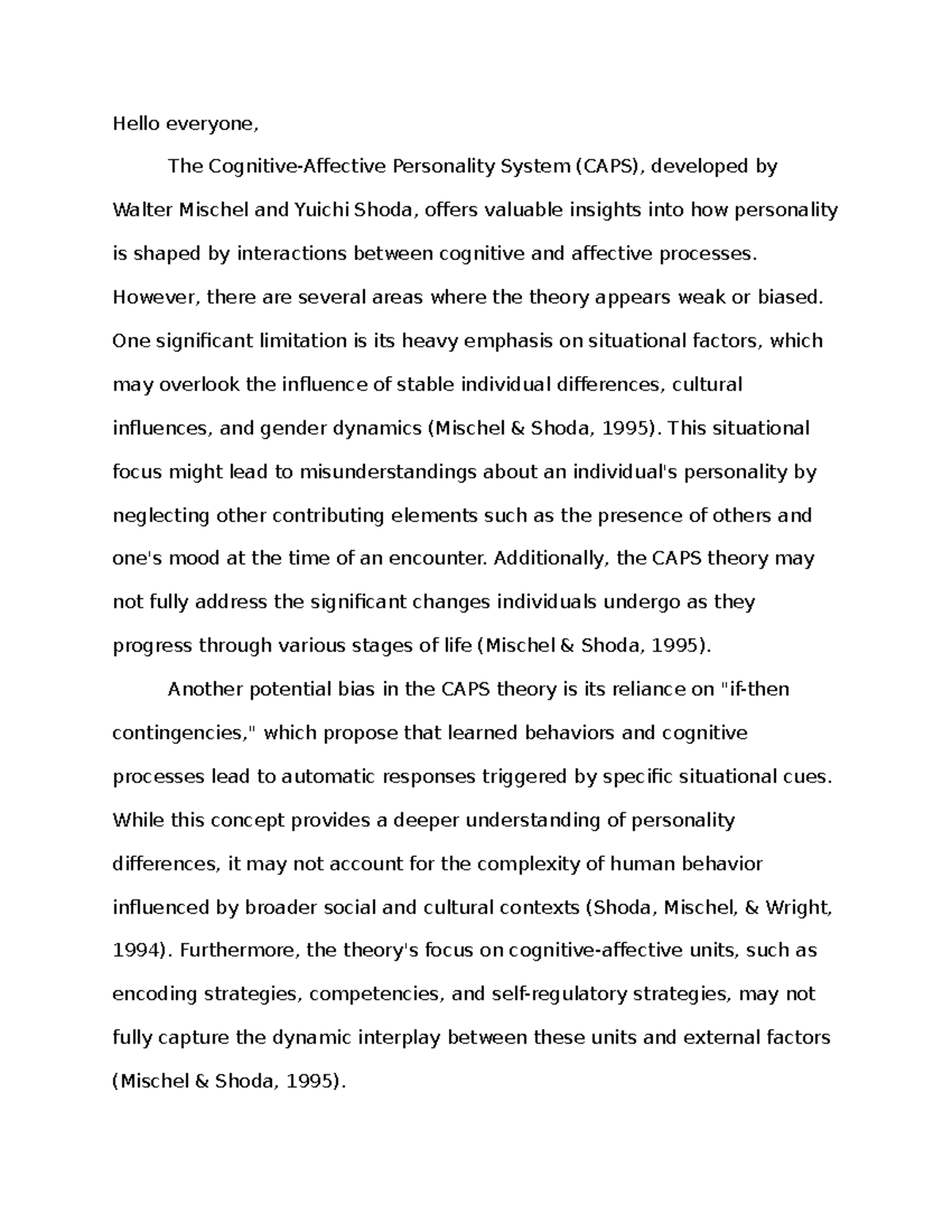 Discussion Seven - Hello everyone, The Cognitive-Affective Personality ...