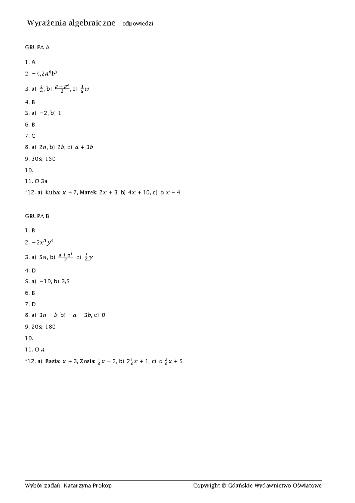 Matematyka 2 Wyrażenia Algebraiczne Sprawdzian www.studocu.com